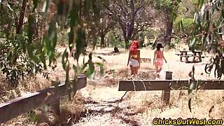 real australian lesbians lick hairy cunt in outdoor bikini backstage