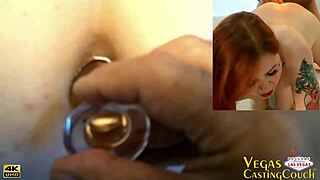 i'm a hot redhead getting ass fucked and throated in pov deep throat for my first porn ever in vegas. chained pov bondage orgasm with buttplug dildo and creampie close up.