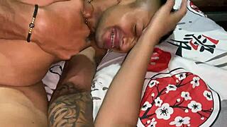 Brunette amateur in stockings bent over for interracial doggystyle blowjob and missionary licking with Colombian transsexual couple!