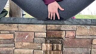 Teen girl pees leggings outdoors with creampie solo