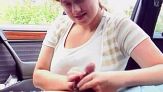 Young redhead bbw girl sits in car