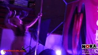 Hey, check out this sensual Spanish blonde teasing with a hot strip tease and pole dance on holiday!
