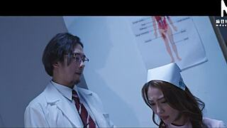 Short hair nurse in cosplay gets doggystyle bent over with big ass tits blowjob missionary licking in hospital parody threesome orgy