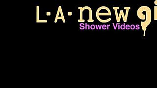 Asian teen 18+ brunette takes a shower on sofa after photoshoot with uncle