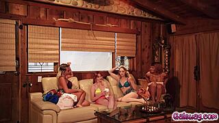 Four friends Lacy Lennon Lily Larimar Indica Monroe and Apryl Rein enjoy rimming pussies