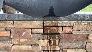 Teen girl pees leggings outdoors with creampie solo