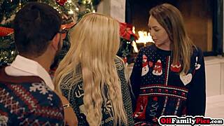 Kenzie Reeves rides dildo then fucks Angel's small tits in christmas threesome!