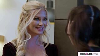 Busty milf stepmom licked by petite teen in threesome