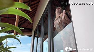 skinny tattooed blonde wakes for morning standing doggy then kneels for homemade blowjob cumshot in fishnets