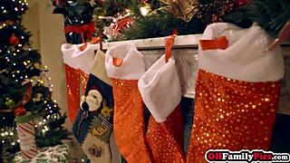 Kenzie Reeves rides dildo then fucks Angel's small tits in christmas threesome!