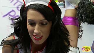 Naughty nurse fucks blonde patient with dildos as lesbian friends lick pussy