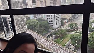 Fucking my hot chubby stepmom bareback against the window feels so intense