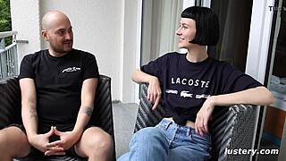 juan and delfine handcuff submission blowjob after party cumshot