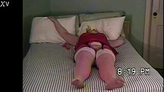 curvy bbw teen wife cums hard in white stockings over red pantyhose!