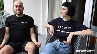 juan and delfine handcuff submission blowjob after party cumshot