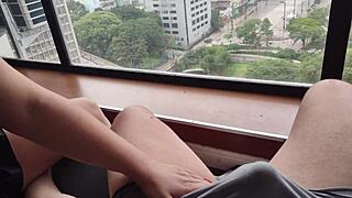 Fucking my hot chubby stepmom bareback against the window feels so intense