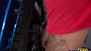 Blonde milf licks repairman's anus bent over shop