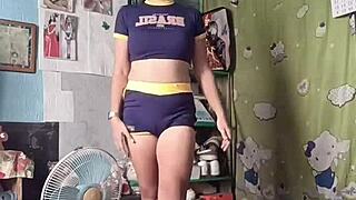 Tight Asian teen dances phonk in shorts showing narrow ass