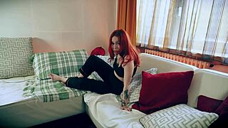 pretty annoyed redhead teen rides cock cowgirl then bends over for rough couch doggystyle cumshot