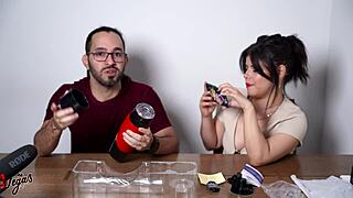 Chubby latina girlfriend teases nerd neighbor with toys and creampie bath