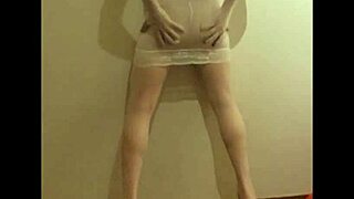crossdresser maria parades white nylon panties, dress, leggings and high heels fetish