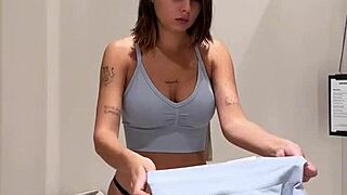 Curvy Brunette Babe with Big Natural Tits Masturbates Pussy in Public Changing Room Try-On Haul