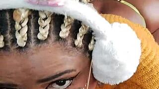 brazilian ebony housewife slut flashes hairy pussy swallows huge dildo