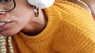 brazilian ebony housewife slut flashes hairy pussy swallows huge dildo