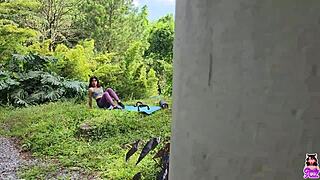 he spots me doing yoga outdoors then fucks my tight pussy hard