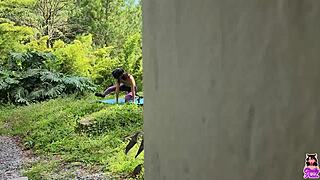 he spots me doing yoga outdoors then fucks my tight pussy hard