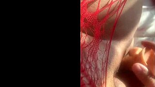 curvy latina in red shoves dildo deep moaning orgasm closeup