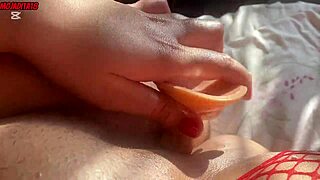 curvy latina in red shoves dildo deep moaning orgasm closeup