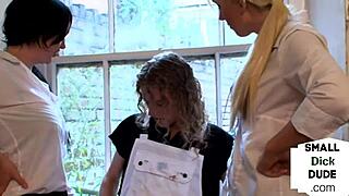 femdom babes jerking that cock in cfnm 3some 😈 dirty hands on slutty wank fest