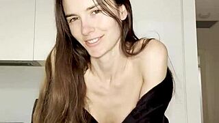 Skinny milf moans loud sucking dildo, fucking wet pussy with vibrator to kitchen orgasm