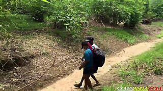 Lost uni girl bends for forest bike men's cocks in wet outdoor style fuck