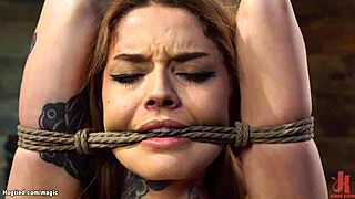 tattooed pet slut hogtied gagged on dildo during rough bdsm fuck