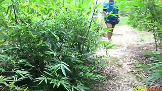 Lost uni girl bends for forest bike men's cocks in wet outdoor style fuck