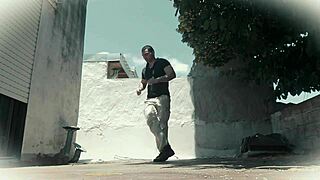 Salsa dancer strips naked outdoors, muscular bodybuilder shakes ass close-up