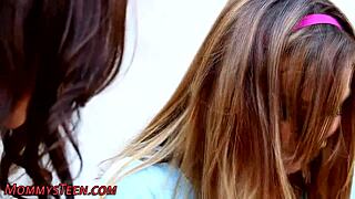 Mommy milf catches teen stepdaughter rubbing pussy outdoors—first taboo lesbian time?!