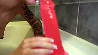 cute girl stuffs big dildo deep in tight bedroom pussy