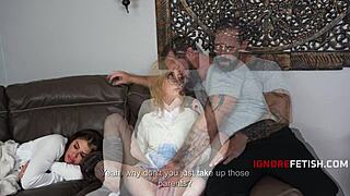 petite girl rides daddy in sneakers eye rolling hard