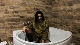 Milfycalla Pees in Bathtub Wearing Fur Coat and Pantyhose