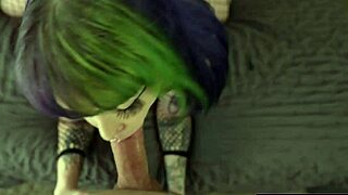 Fishnets emo girl blows and rides for cum-covered tits fun