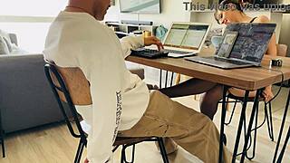 my cute girlfriend playfully sucks my big dick while i struggle to work