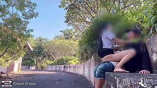 skinny college student fucks cute asian girlfriend doggystyle park creampie