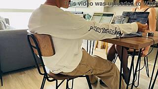 my cute girlfriend playfully sucks my big dick while i struggle to work