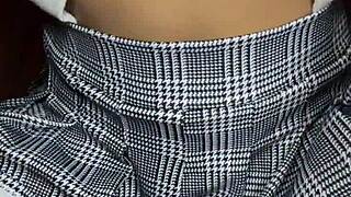 Tender-faced innocent fingers pussy in tight miniskirt