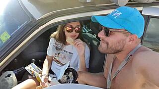 camping teen brunette risks public blowjob piss for boyfriend pov