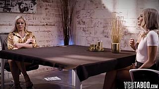 desperate blonde milf fucks busty lesbian boss's pussy and tits to seal office job interview