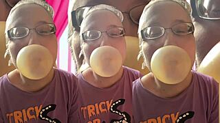 kinky glasses girl chews asmr bubble gum fetish listen close headphones